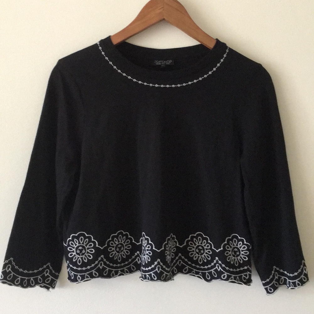 TopShop | Black Crop Top White Floral Embroidery